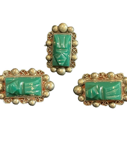 Vintage Taxco Mexico Alpaca Green Onyx Aztec carved stone earrings & Ring SET