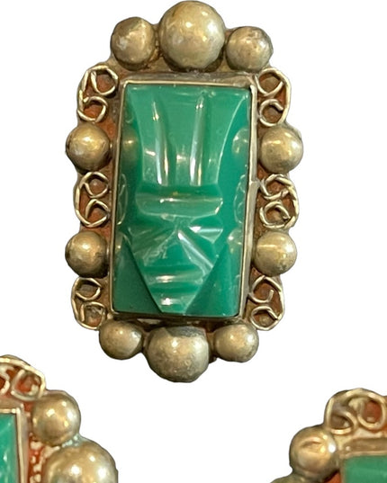 Vintage Taxco Mexico Alpaca Green Onyx Aztec carved stone earrings & Ring SET
