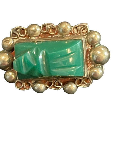 Vintage Taxco Mexico Alpaca Green Onyx Aztec carved stone earrings & Ring SET