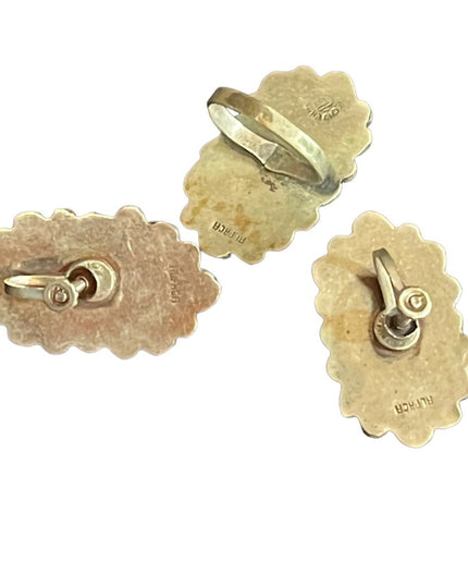 Vintage Taxco Mexico Alpaca Green Onyx Aztec carved stone earrings & Ring SET