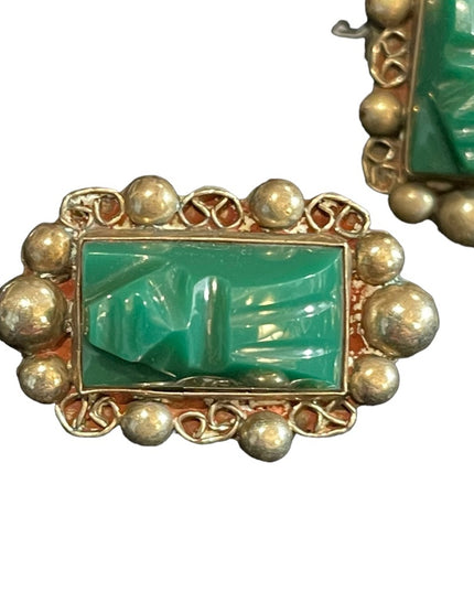 Vintage Taxco Mexico Alpaca Green Onyx Aztec carved stone earrings & Ring SET