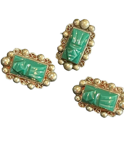Vintage Taxco Mexico Alpaca Green Onyx Aztec carved stone earrings & Ring SET