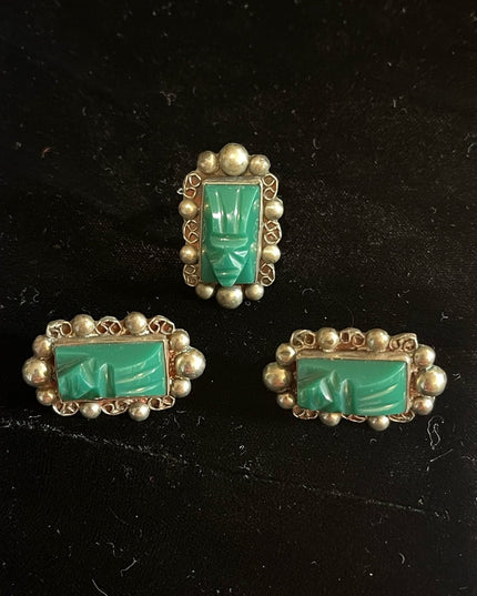 Vintage Taxco Mexico Alpaca Green Onyx Aztec carved stone earrings & Ring SET