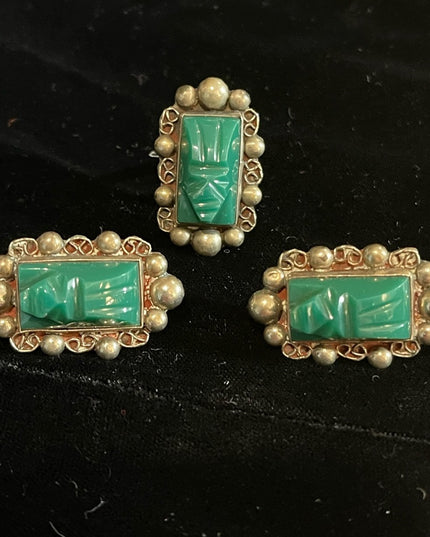 Vintage Taxco Mexico Alpaca Green Onyx Aztec carved stone earrings & Ring SET