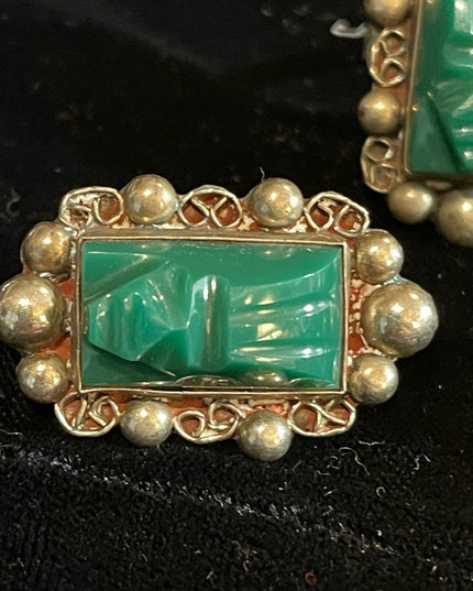 Vintage Taxco Mexico Alpaca Green Onyx Aztec carved stone earrings & Ring SET