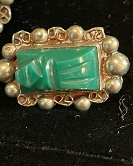 Vintage Taxco Mexico Alpaca Green Onyx Aztec carved stone earrings & Ring SET