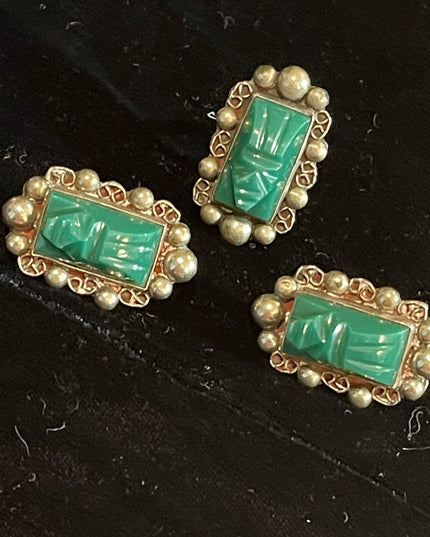 Vintage Taxco Mexico Alpaca Green Onyx Aztec carved stone earrings & Ring SET