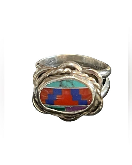 Vintage 1950s Zuni stone Inlay Native American Southwestern Ring rope design