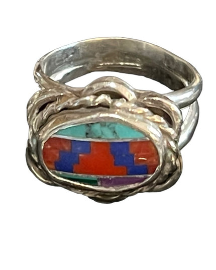 Vintage 1950s Zuni stone Inlay Native American Southwestern Ring rope design