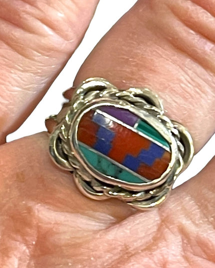 Vintage 1950s Zuni stone Inlay Native American Southwestern Ring rope design