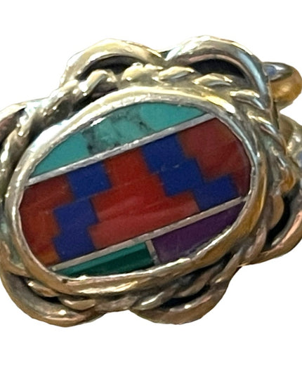 Vintage 1950s Zuni stone Inlay Native American Southwestern Ring rope design