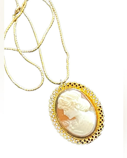 Vintage Gold filled GF sterling silver 925 Shell cameo brooch pendant necklace