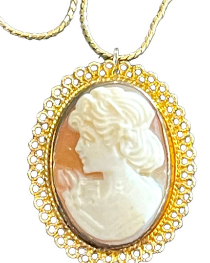 Vintage Gold filled GF sterling silver 925 Shell cameo brooch pendant necklace