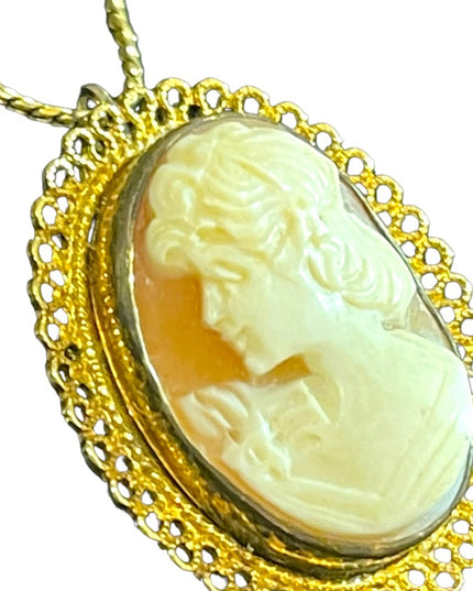 Vintage Gold filled GF sterling silver 925 Shell cameo brooch pendant necklace