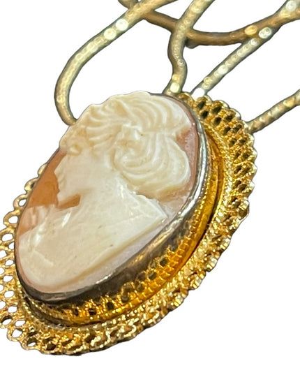 Vintage Gold filled GF sterling silver 925 Shell cameo brooch pendant necklace
