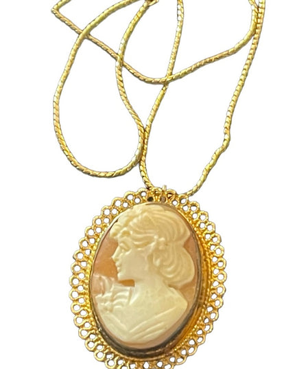 Vintage Gold filled GF sterling silver 925 Shell cameo brooch pendant necklace