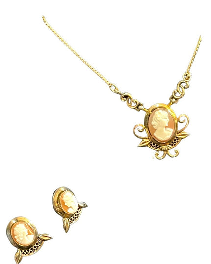 Vintage 12k GF Gold filled  Carved shell Cameo SET necklace & Earrings