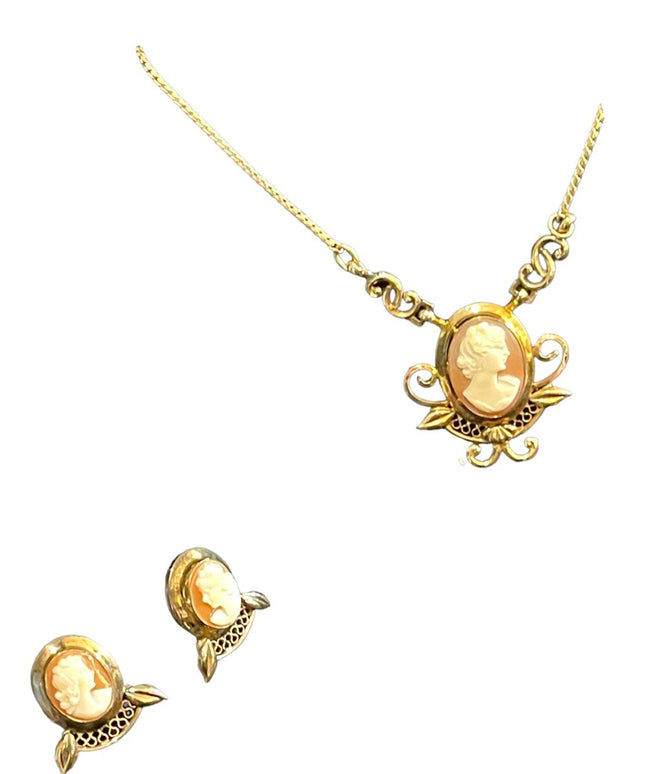 Vintage 12k GF Gold filled  Carved shell Cameo SET necklace & Earrings