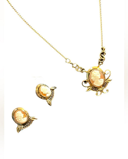 Vintage 12k GF Gold filled  Carved shell Cameo SET necklace & Earrings