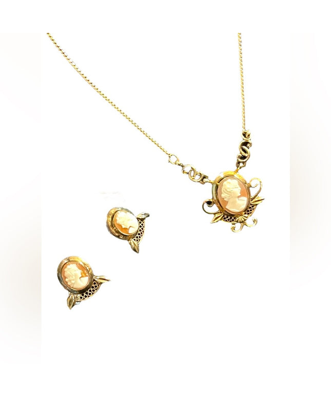 Vintage 12k GF Gold filled  Carved shell Cameo SET necklace & Earrings