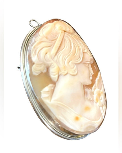 Gigantic Art Deco Antique carved lady shell cameo 800 Silver brooch pendanf