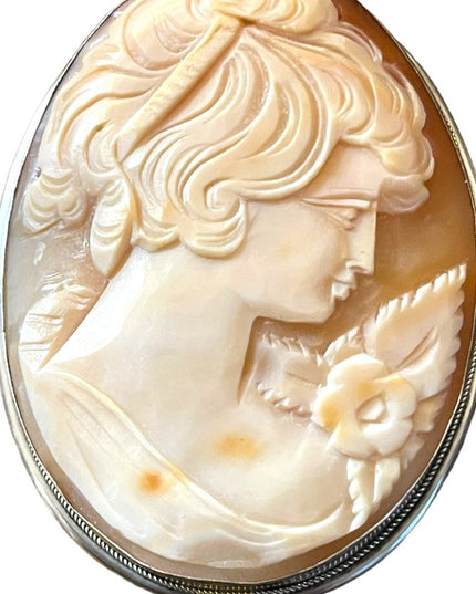 Gigantic Art Deco Antique carved lady shell cameo 800 Silver brooch pendanf