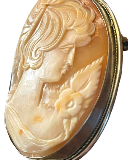 Gigantic Art Deco Antique carved lady shell cameo 800 Silver brooch pendanf