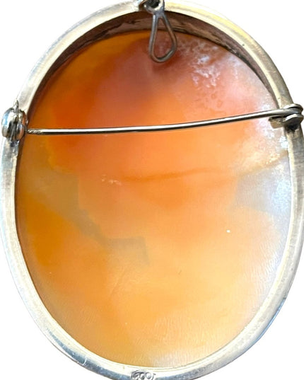 Gigantic Art Deco Antique carved lady shell cameo 800 Silver brooch pendanf