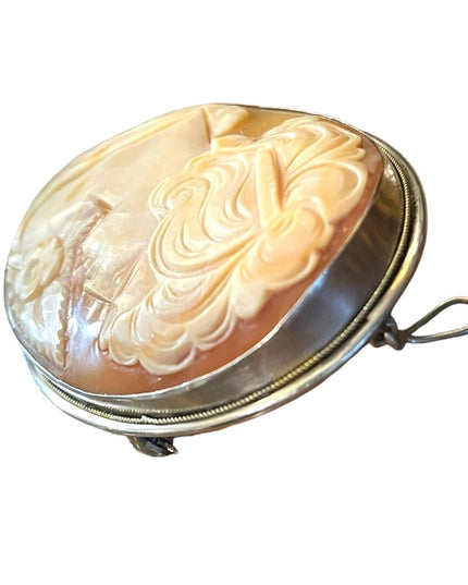 Gigantic Art Deco Antique carved lady shell cameo 800 Silver brooch pendanf