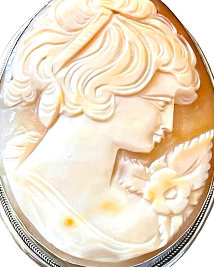 Gigantic Art Deco Antique carved lady shell cameo 800 Silver brooch pendanf