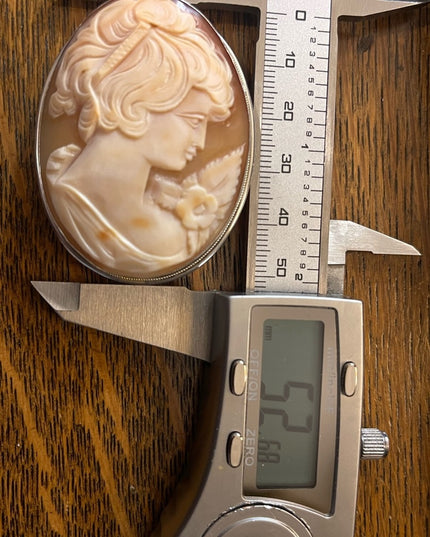 Gigantic Art Deco Antique carved lady shell cameo 800 Silver brooch pendanf