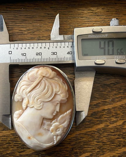 Gigantic Art Deco Antique carved lady shell cameo 800 Silver brooch pendanf