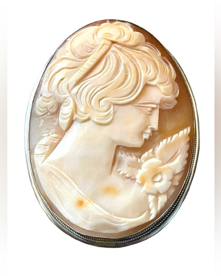 Gigantic Art Deco Antique carved lady shell cameo 800 Silver brooch pendanf
