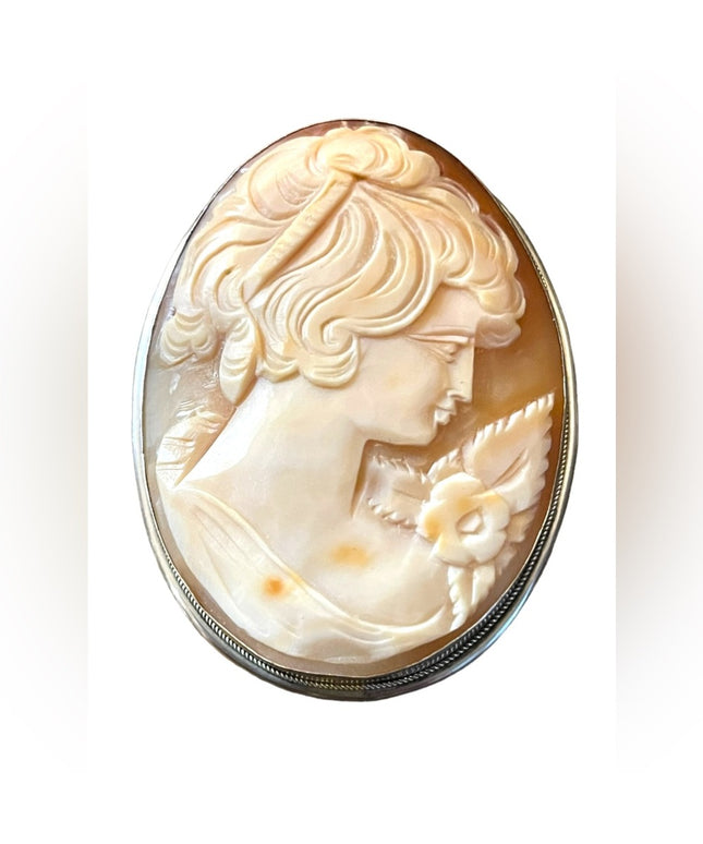 Gigantic Art Deco Antique carved lady shell cameo 800 Silver brooch pendanf