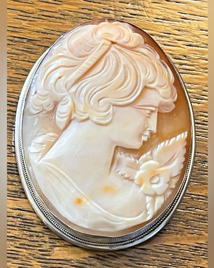 Gigantic Art Deco Antique carved lady shell cameo 800 Silver brooch pendanf