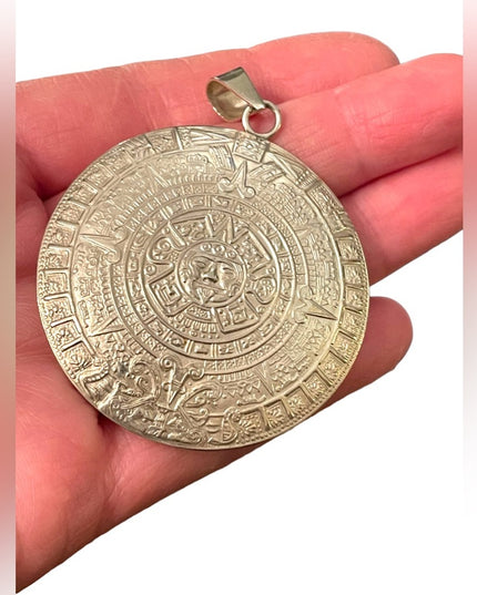 Large Vintage Plat Mex 925 sterling silver Mayan Aztec Calendar pendant