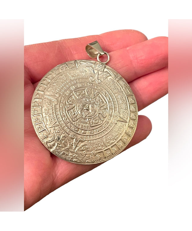 Large Vintage Plat Mex 925 sterling silver Mayan Aztec Calendar pendant
