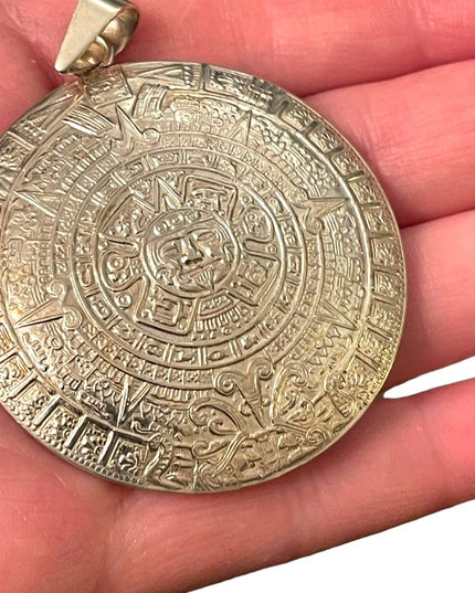 Large Vintage Plat Mex 925 sterling silver Mayan Aztec Calendar pendant