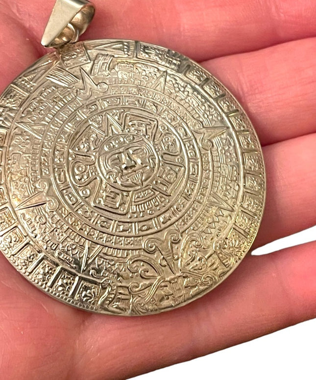 Large Vintage Plat Mex 925 sterling silver Mayan Aztec Calendar pendant