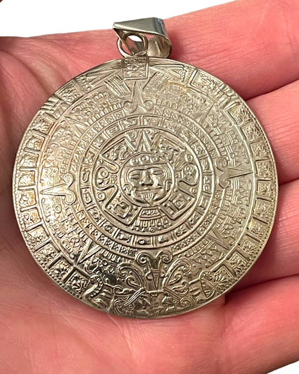 Large Vintage Plat Mex 925 sterling silver Mayan Aztec Calendar pendant