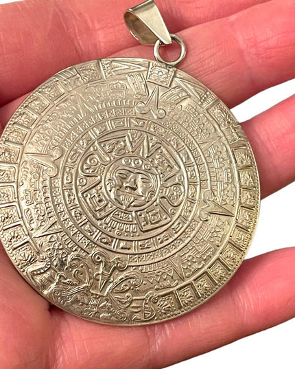 Large Vintage Plat Mex 925 sterling silver Mayan Aztec Calendar pendant