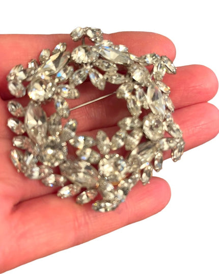 Lovely Large 1950s Stunning SHERMAN clear Crystal brooch silver finish