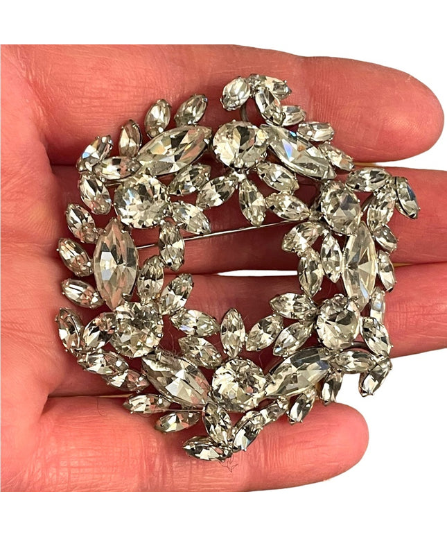 Lovely Large 1950s Stunning SHERMAN clear Crystal brooch silver finish