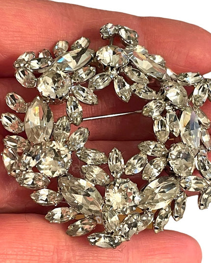 Lovely Large 1950s Stunning SHERMAN clear Crystal brooch silver finish