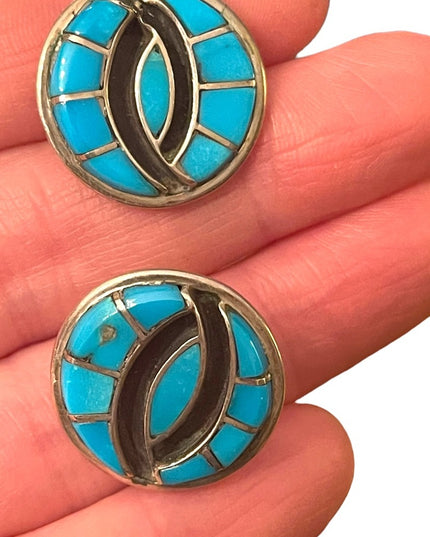 Vintage Southwestern Native Turquoise Sterking silver black onyx inlay earrings