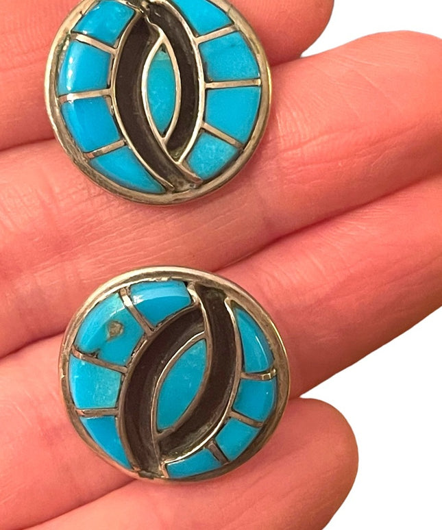 Vintage Southwestern Native Turquoise Sterking silver black onyx inlay earrings