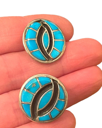 Vintage Southwestern Native Turquoise Sterking silver black onyx inlay earrings