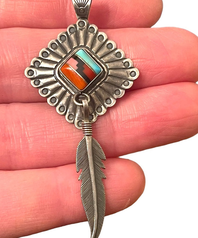 Vintage Carolyn Pollack Southwestern sterling necklace pendant stone inlay