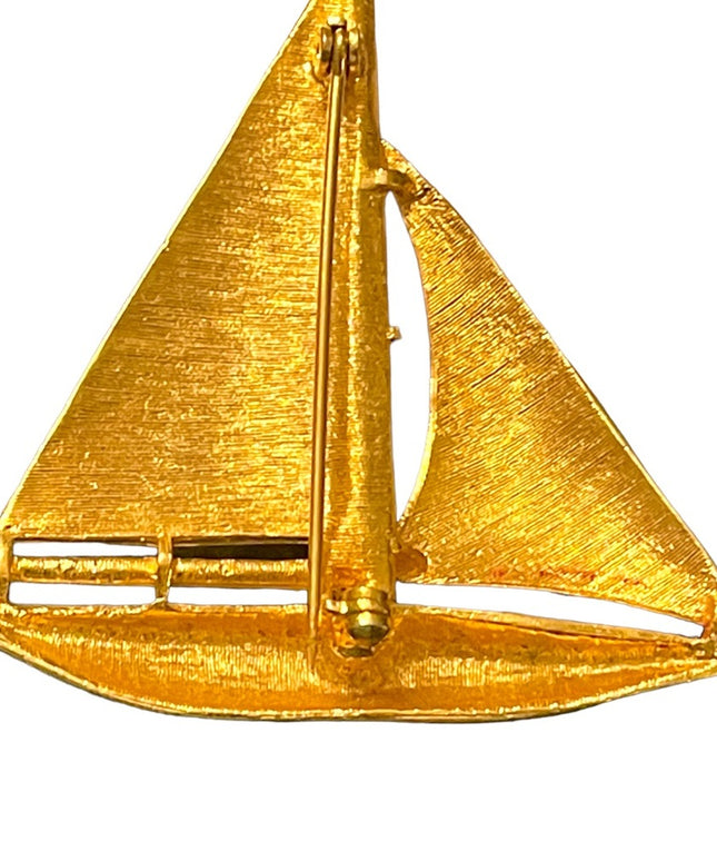 Stunning vintage Nautical Colors Sailboat brooch & earrings enameled gold finish