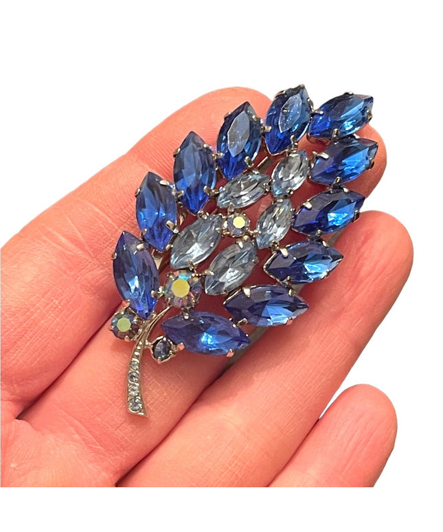 Vintage Capri Blue Flower crystal brooch rhinestone silver D&E